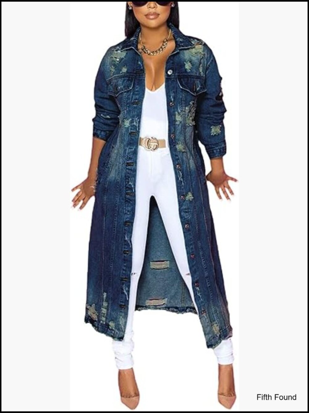 Shredded Distressed Long Denim Duster Coat Jacket Womens Oversized